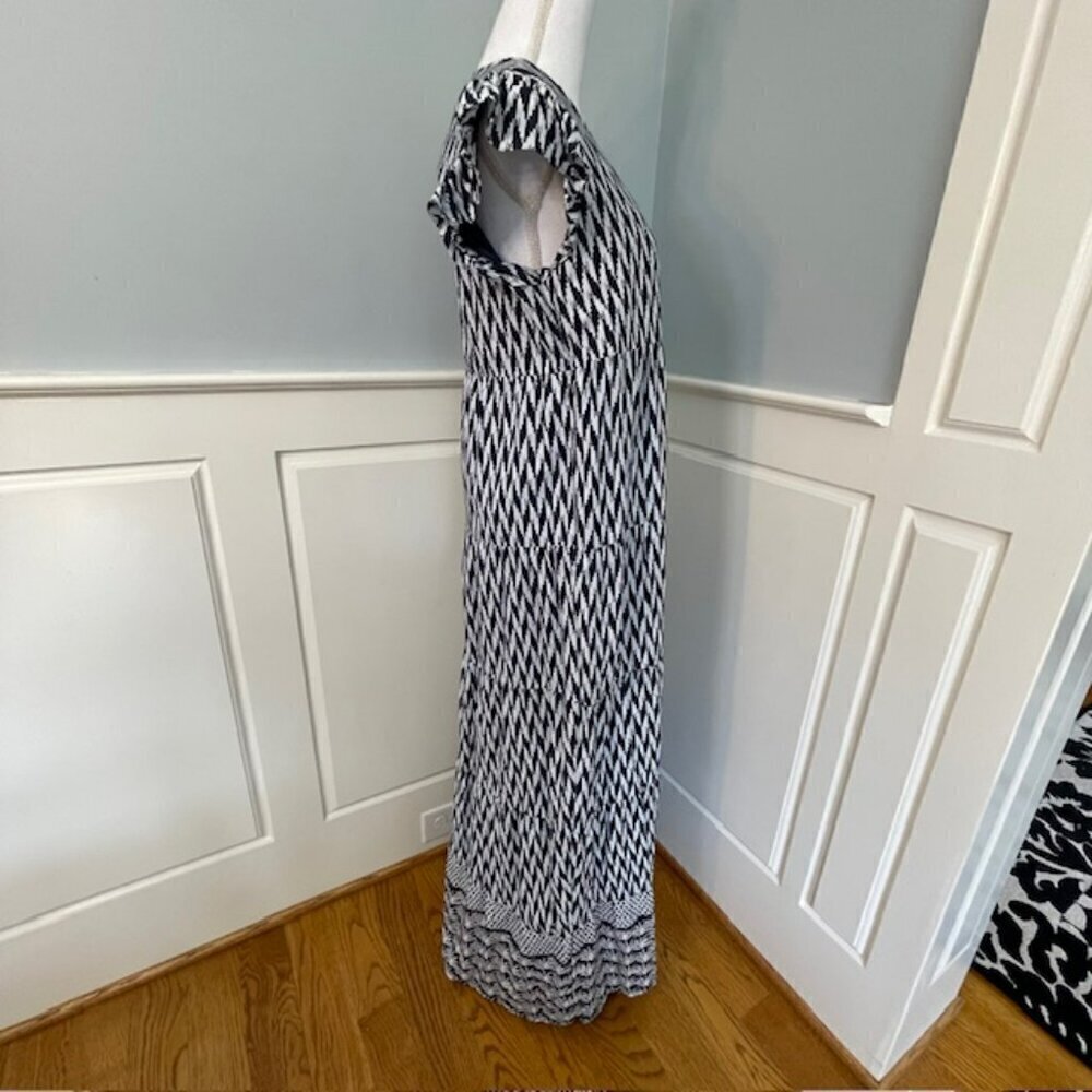 Liza Byrd Tiered Ruffled Cotton Block Print Maxi Dress Blue & White Small - Picture 4 of 7